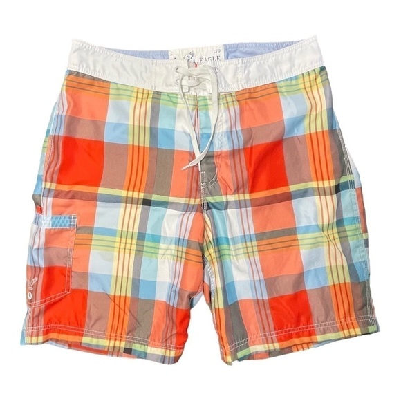 AMERICAN EAGLE, MENS SWIMTRUNKS. COLORFUL PLAID DESIGN. VELCRO SIDE POCKET.SIZEL - Picture 1 of 5